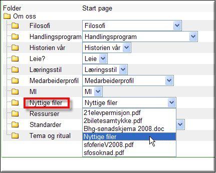 Här är mappen Om oss vald som rot-mapp detta blir titeln på menyknappen längst till vänster. Dessutom ser du alla undermappar som är skapade under huvudmappen Om oss.