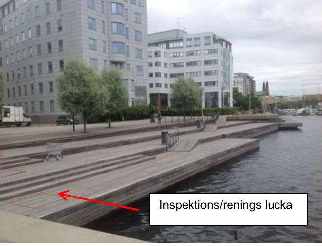 Figur 9. Förslag på utformning av reningsanläggning Skärmens (dukens) längd anpassas till djupet, samt med hänsyn till vattenståndsvariationer. Medelvattenståndet under 2014 var +0,13 m (RH 2000).