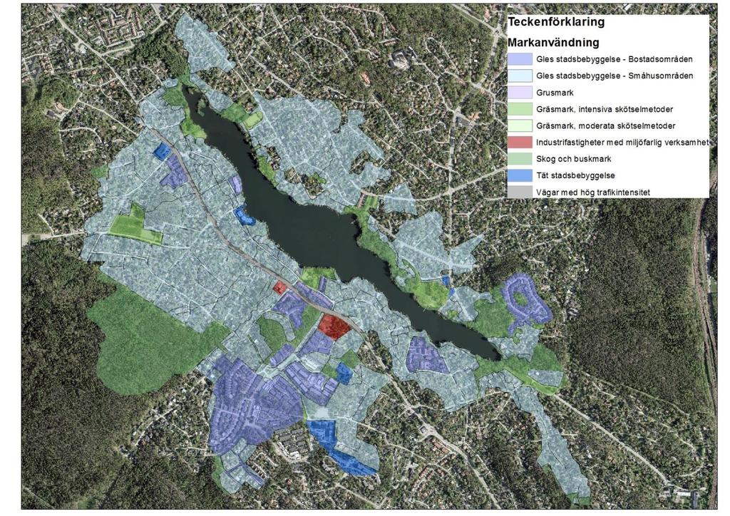 Orsak till övergödningsproblem och miljögifter Teckenförklaring Markanvändning Gles stadsbebyggelse - Bostadsområden Gles stadsbebyggelse - Småhusområden Grusmark Gräsmark, intensiva skötselmetoder