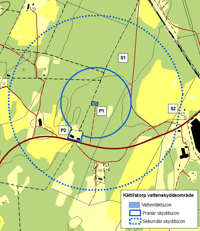 Figur 5: Föreslagen utbredning av vattenskyddsområde för Kättilstorp vattentäkt. Numreringen hänvisar till motivering i text. Lantmäteriverket. Ärende nr M2006/1022.