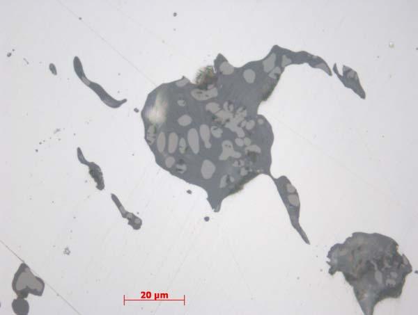 Figur 4. Hästsko C.53941/1. Detalj på det ferritiska järnet med ett innehåll av fosfor vilket framträder som långsmala åsar och dalgångar i flera riktningar. Foto från mikroskopet.