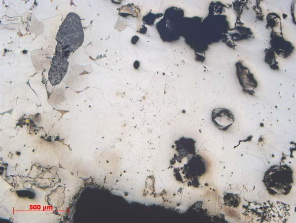 Foto från mikroskopet, skala i nedre kanten. Etsat prov.