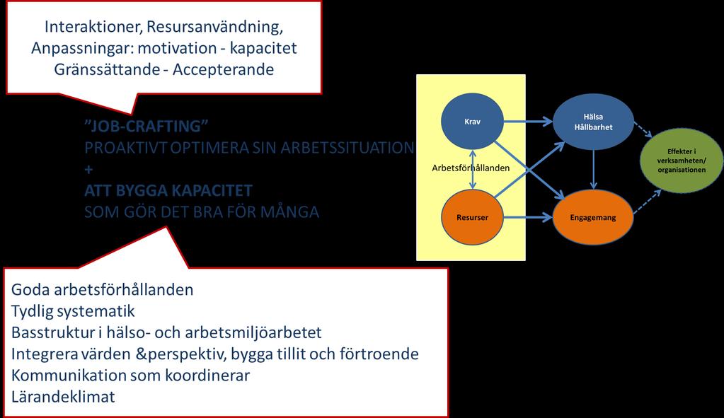 Utifrån samma princip, dvs att hantera interaktioner mellan resurser och utmaningar för att få en integrerad förståelse, används Job-Demand-Resource-modellen.