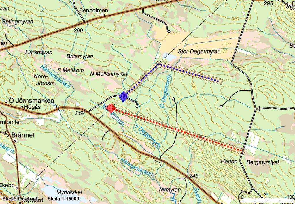 130 kv kraftledningen och dras därefter parallellt med denna i ca 1 km söder ut till en befintlig skogsbilväg där sedan en transformatorstation avses uppföras. 3.