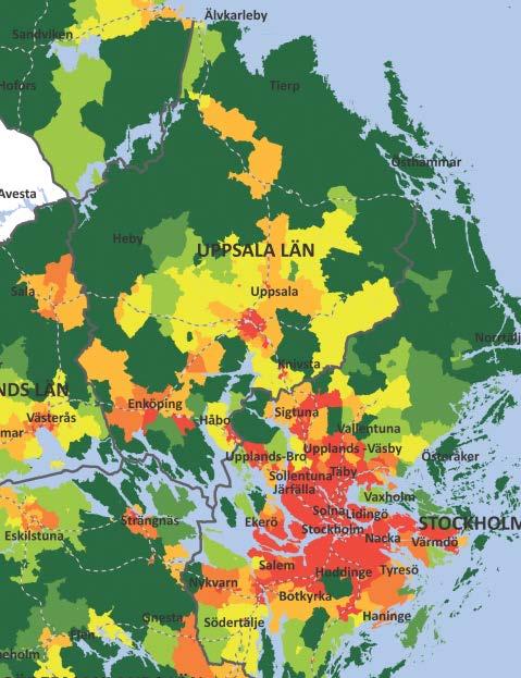 röd, når man över 500 000 arbetsplatser med bil inom 60 min år 2010.