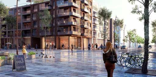 Ljusinsläpp och grönska har prioriterats i alla boenden och det planeras för en stadspark samt simhall i området. 91 Täby Turf.