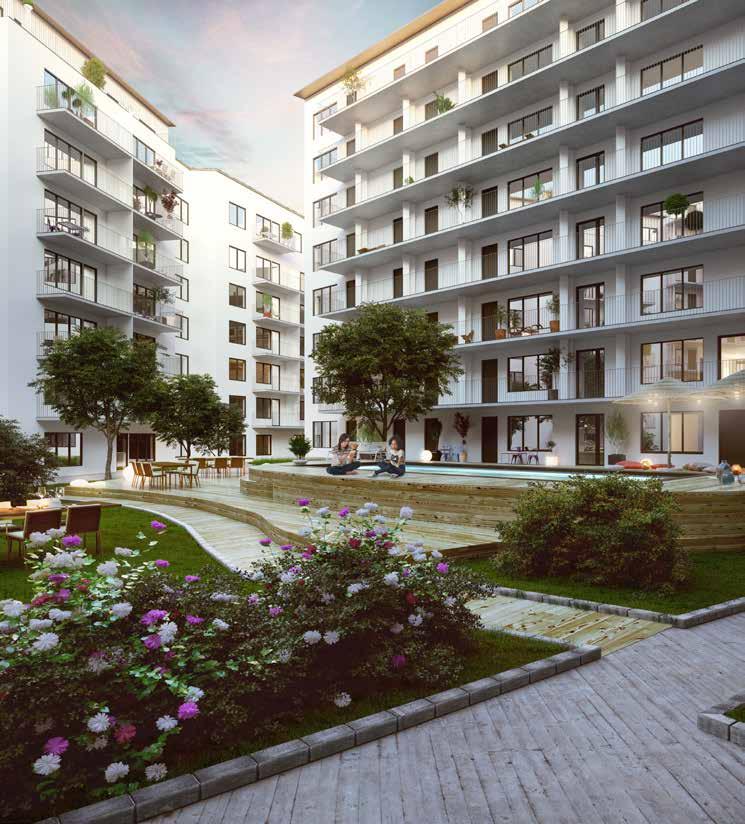 Flera vardagsnära tjänster finns i kvarteret och kommersiella lokaler med café finns belägna i bottenplan. Pool på gården och gemensam takterrass i västerläge för alla.