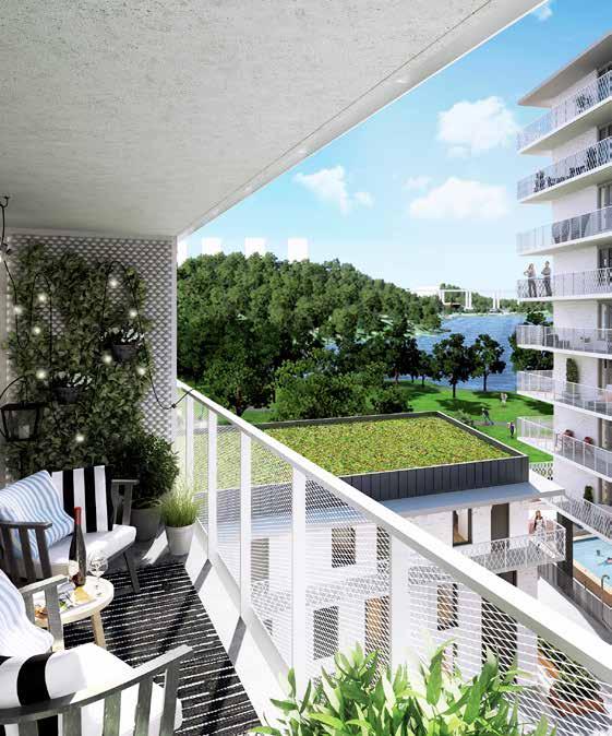 Gemensam pool finns att tillgå på innergården och projektet inrymmer även förskola, butiker och caféer. Vackert beläget invid sjön Trekanten. Platform West.