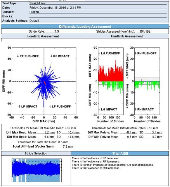 Figur 1 Lameness Locator PDF- fil, resultat från mätning i vagn. I denna analysen är det många steg vilket ger ett mera korrekt resultat.