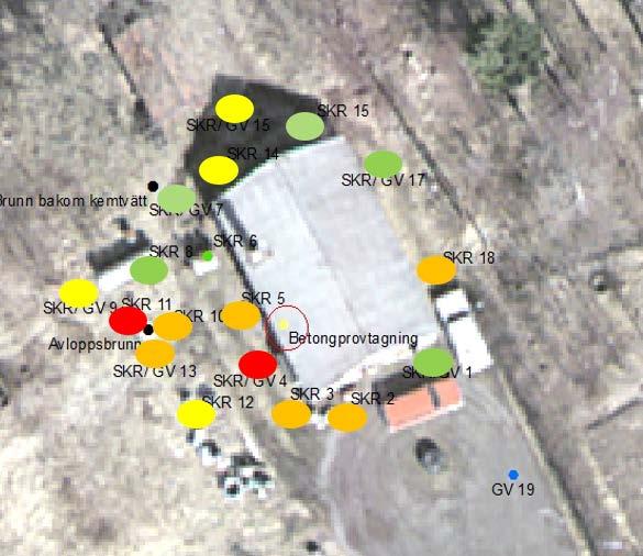 Huvudstudie f d kemtvätt Skäggered Sida 10 provtagningar visar sammanfattningsvis följande (se även illustration i figur 5): Höga till mycket höga halter av PCE och TCE påvisas i flera punkter,