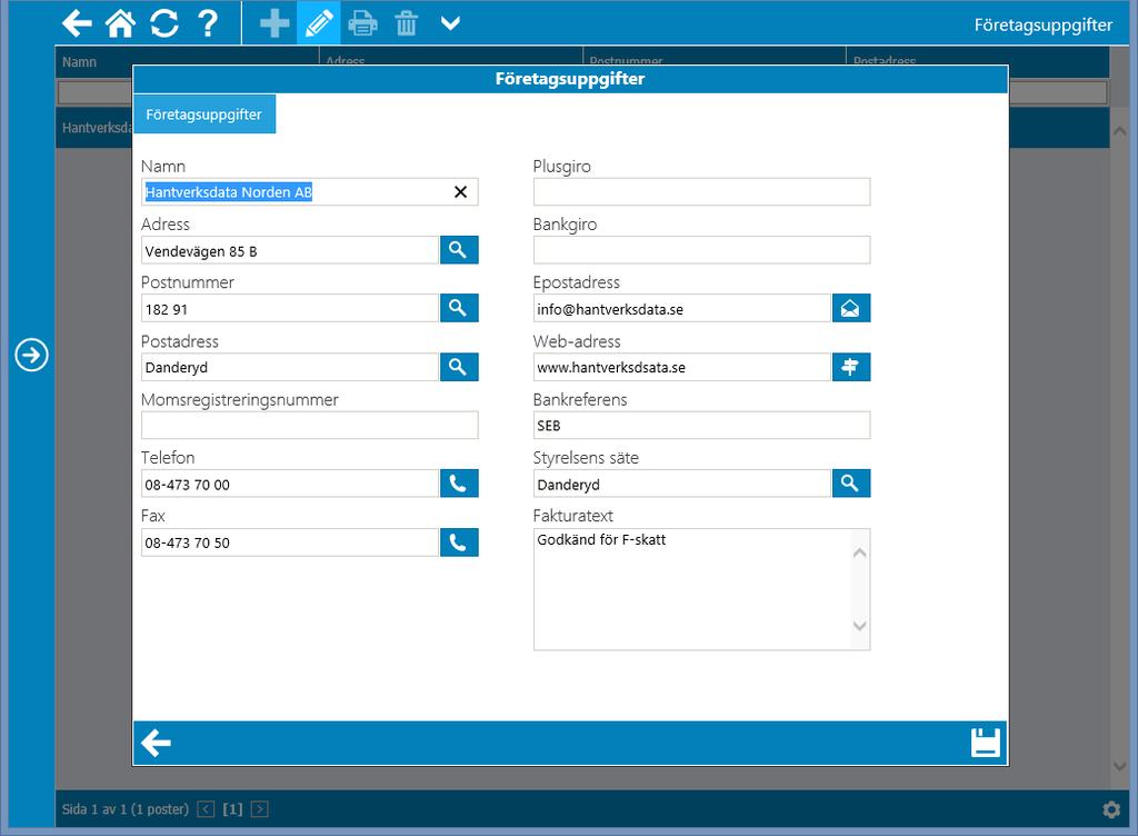 Företagsuppgifter Under alternativet Företagsuppgifter redigeras kontaktuppgifter mm för det egna företaget.