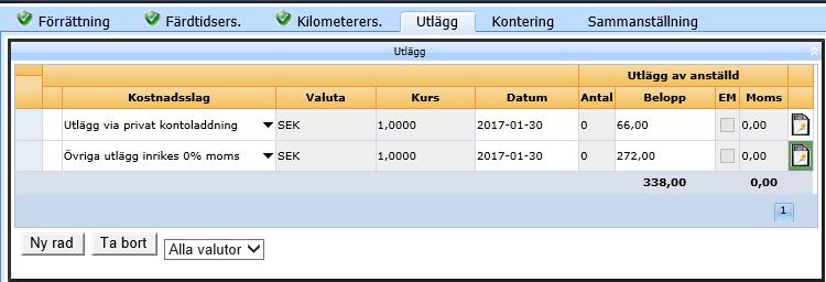 Fliken Utlägg Registrering av utlägg ska redovisas med en rad för varje utlägg. Välj Kostnadsslag i rullisten. Registrera Datum och Belopp i svensk valuta.
