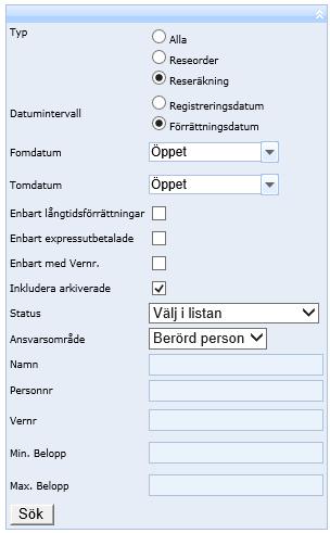 Sök reseräkning Reseräkningarna du registrerat hittar du i Självservice under Mina personliga ärenden samt under fliken Rese - Visa/Sök - Mina reseräkningar - Aktuella reseräkningar - Sök