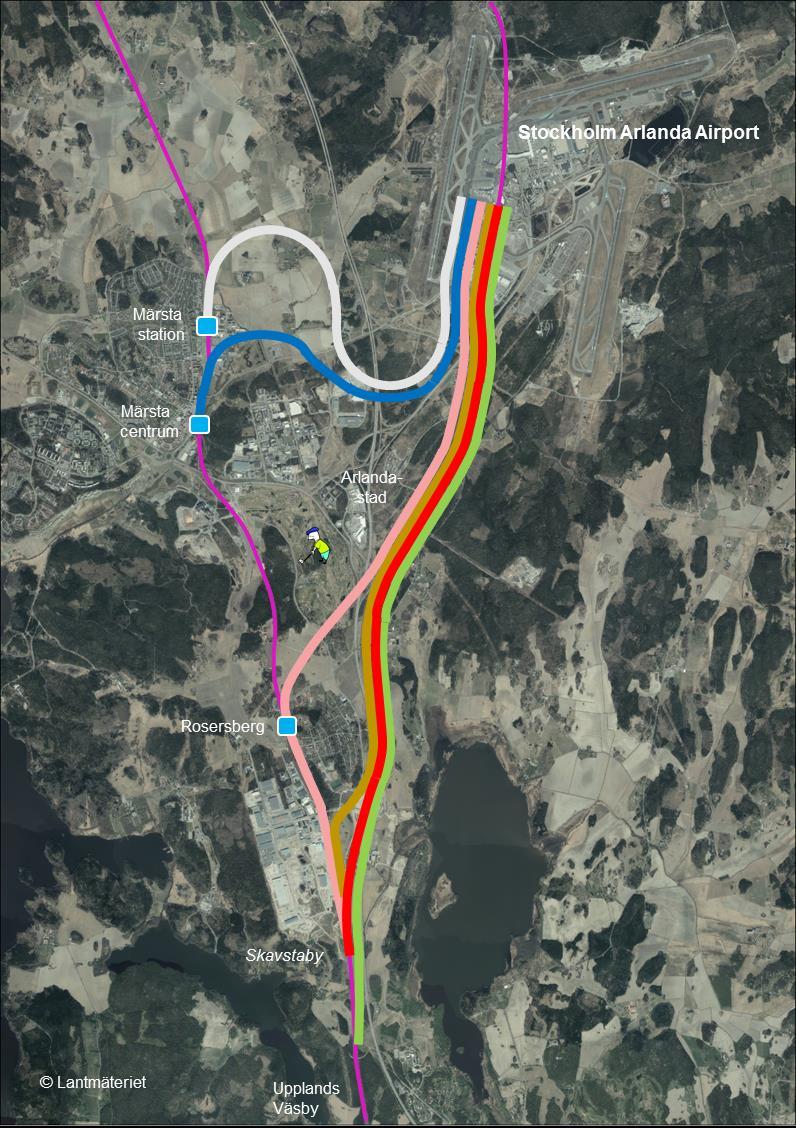 BANAN, SKAVSTABY- 5 (8) 2 Studerade alternativ Följande korridorval har studerats i utredningen, se även Figur 1: Befintlig korridor med anslutning i Skavstaby (röd) Sydlig korridor mellan Upplands