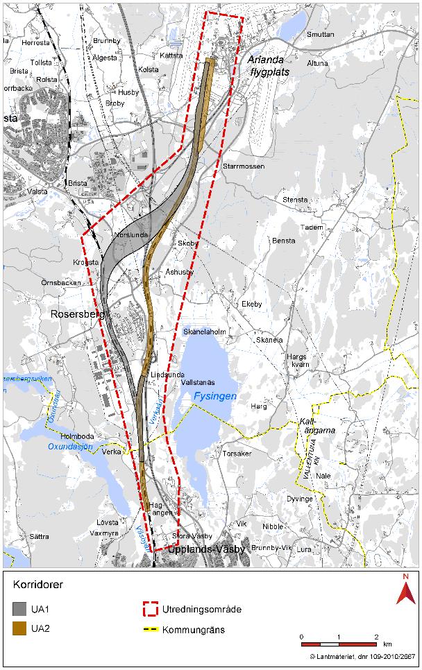 BANAN, SKAVSTABY- 6 (8) 2.1 Utredningsalternativ I Figur 2nedan illustreras de principiella spårkorridorer som blivit fullvärdiga utredningsalternativ, UA1 och UA2.