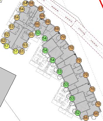 Sida: 6 av 7 Södra husen, alternativ 2 Husen närmast spåren utformas som en lång lamell, vinklad så att hela baksidan klarar riktvärdet på 55 db(a) ekvivalent nivå utan åtgärder.