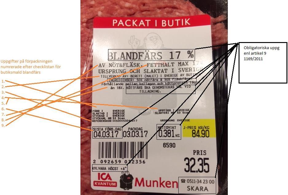 Från Livsmedelsverket: tolkning av hur blandfärs ska märkas Blandfärs som består av 50 % nötkött, både förpackat och oförpackat ska märkas med uppgifter enligt bestämmelserna i förordning (EG) nr