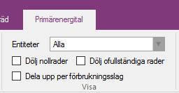 - Dölj ofullständigar rader, vilket döljer rader som innehåller fastigheter/byggnader där uträkningen av förbrukningar inte har fullständig data. - Dela upp per förbrukningsslag.