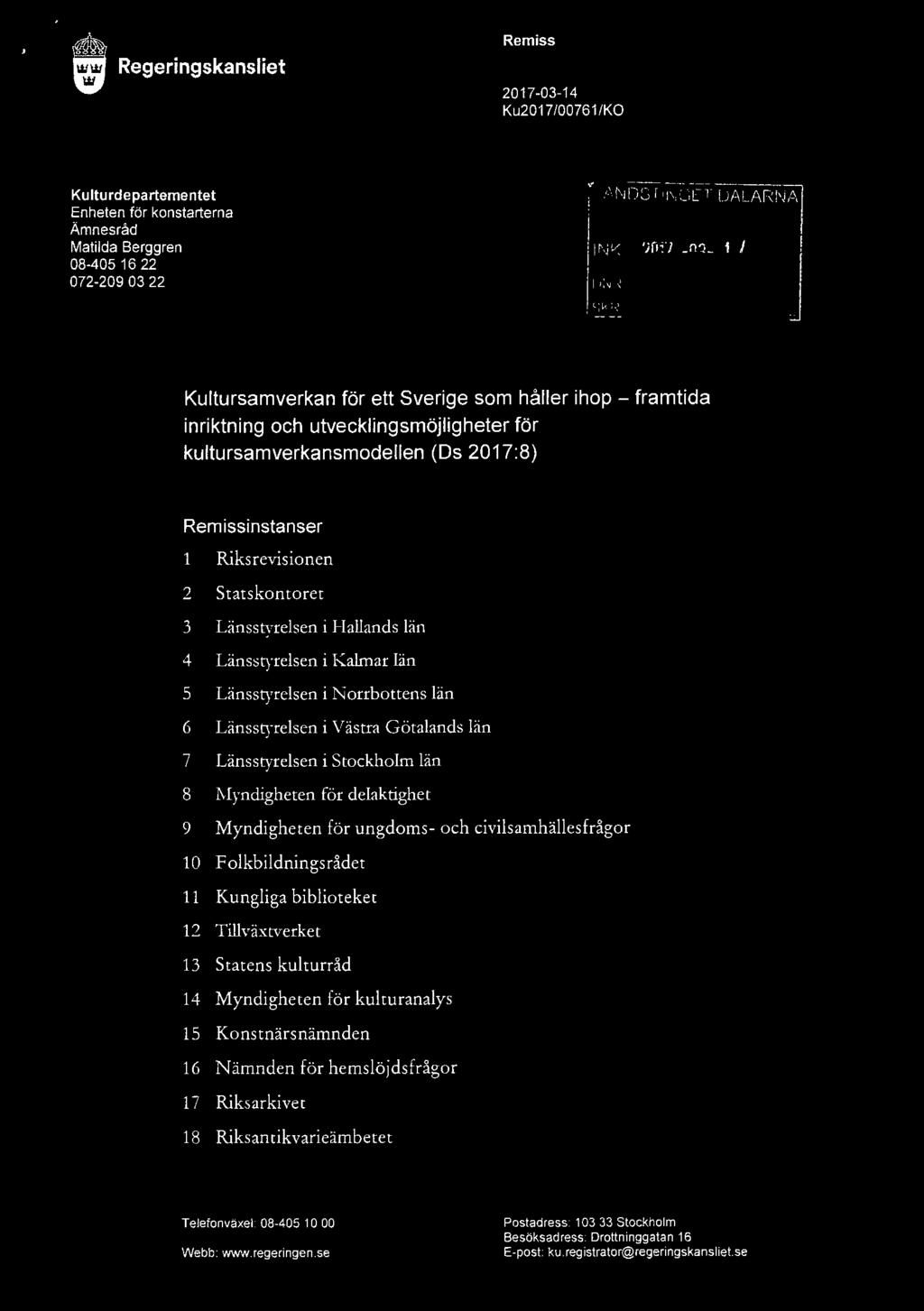 I t Regeringskansliet Remiss 2017-03-14 Ku2017/00761/KO Ku Itu rdepa rteme ntet Enheten för konstarterna Ämnesråd Matilda Berggren 08-405 16 22 072-209 03 22 ", --::-A-:-N:-=D:-.