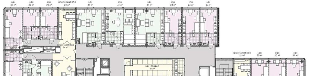 SID 22 (39) Illustration föreslagen typplan (Södergruppen arkitekter) På plan 200 planeras lokaler i de f.d. lärarkontoren och kollegiesalarna.