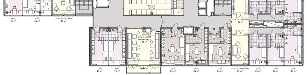 Den ursprungliga gymnastiksalen och omklädningsrummen på plan 1100 bevaras, upprustas och ingår som en resurs till boenden i huset. Här finns även en stor gemensam takterrass.