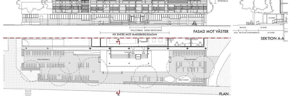 Illustration - ny entré från Mariebergsgatan (Södergruppen arkitekter) Förskolan En större förskola föreslås vid den befintliga förskolan låghusdelen