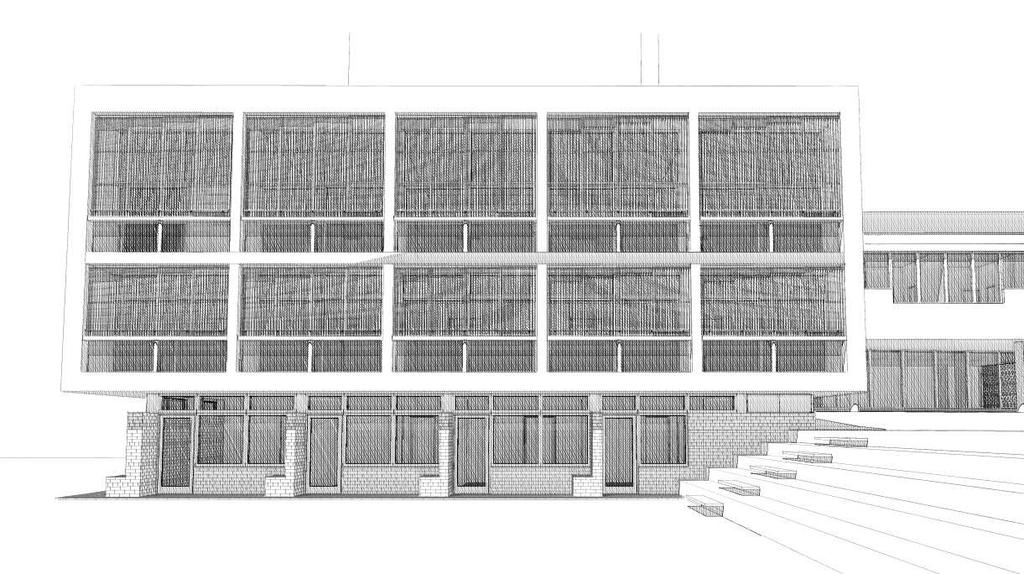 SID 28 (39) Illustration tillbyggnaden från öster (Södergruppen arkitekter) Illustration tillbyggnaden från torget (Södergruppen arkitekter) Material Fasaderna på de övre plan ska vara putsade.