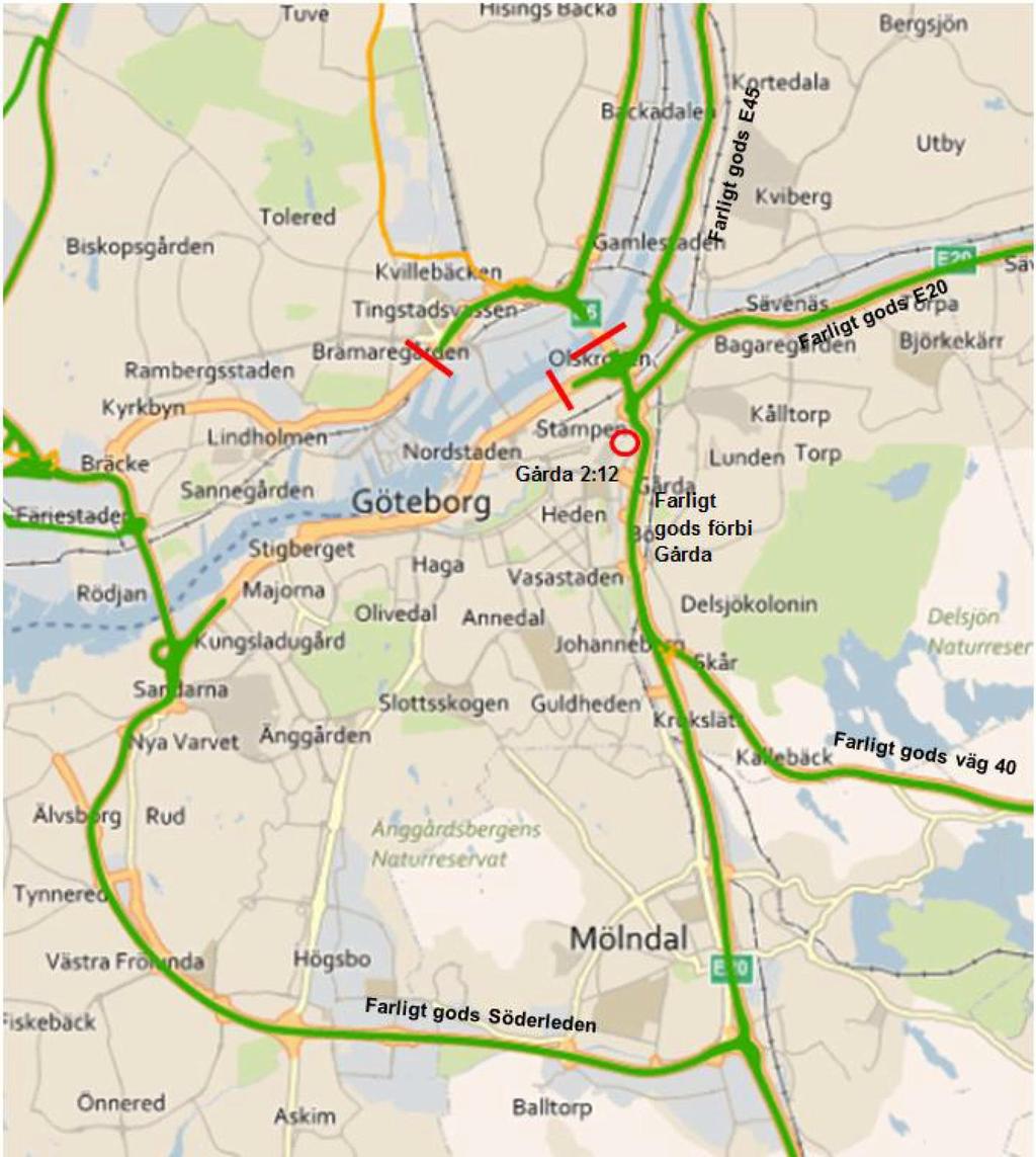 15 (43) Figur 6. Rekommenderade transportvägar för farligt gods i Göteborg anges med grönt. Restriktioner finns på övriga vägar, de viktigaste har angetts med rött.