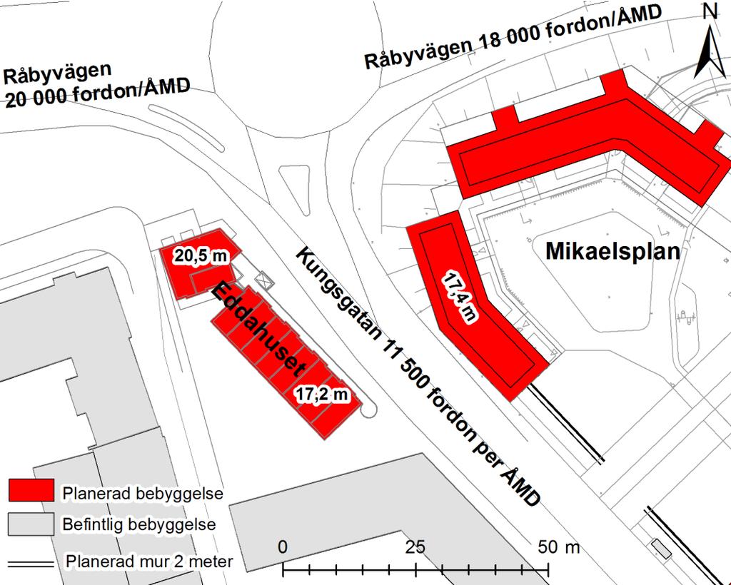 Figur 2. Planerad bebyggelse med hushöjder samt trafikmängder. Angivna trafikmängder avser fordon per årsmedeldygn (f/åmd) år 2010.