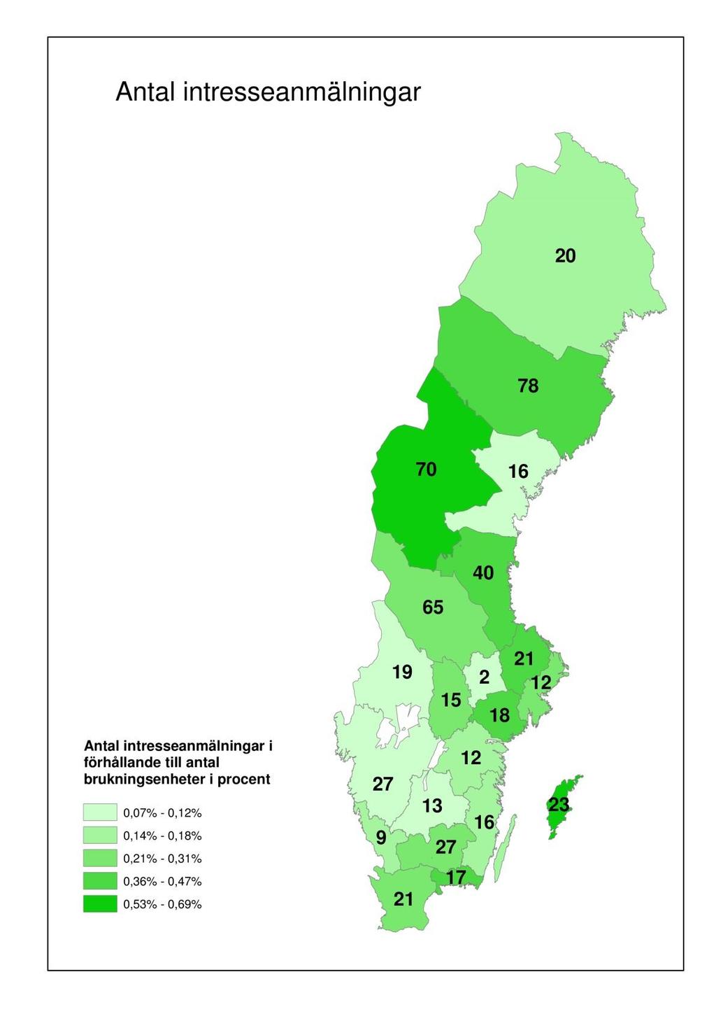 6(10) Figur 1. Länsvis fördelning av inkomna intresseanmälningar för formellt skydd 2015 och 2016 samt i förhållande till antal brukningsenheter. Siffra anger antal mottagna intresseanmälningar.