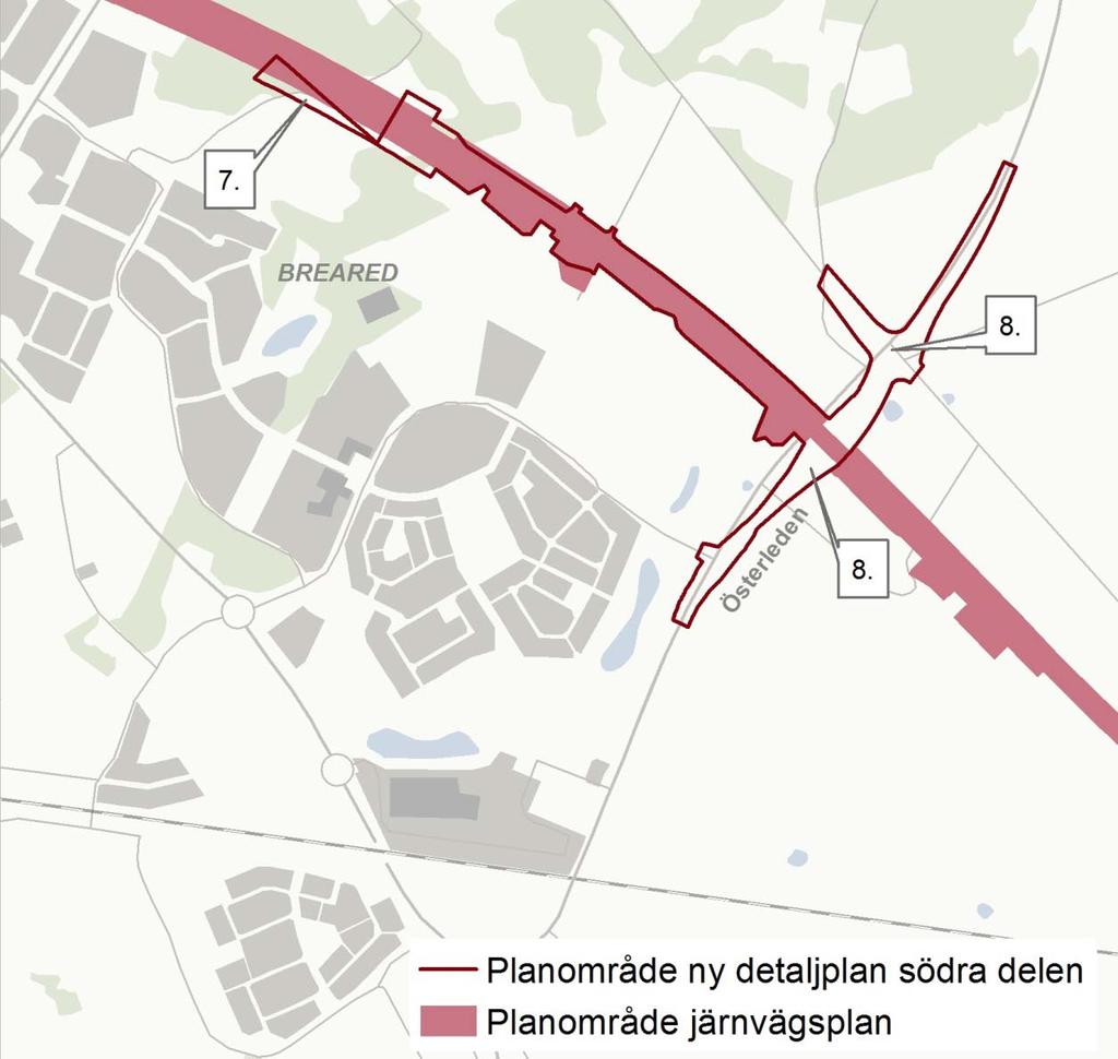Figur 9 Område 7 och 8 5.7 Område 7 Del av ett område som är planlagt. Förutsättningar Tunneln påverkar en del av ett området som idag är planlagt.