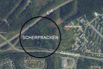 Ortsanalys Sandviken och Högbo 33 Scherpbacken. (Cirkeln markerar var området är beläget.) Centrum S.Y.6 Murgårdsskolan. Området kan användas för utveckling av befintlig skola.