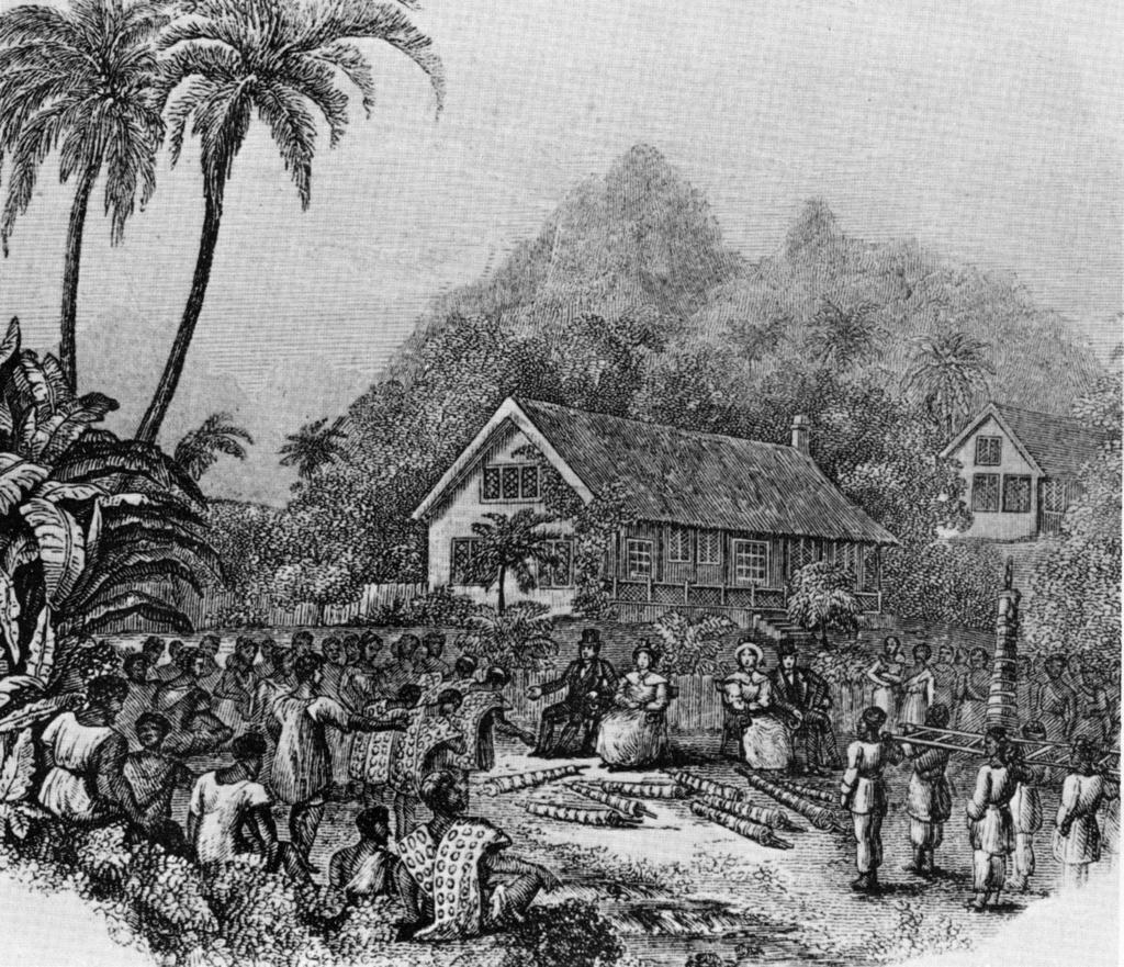 thomas malm Figur 6. Efter sin omvändelse överlämnar polynesierna på Rarotonga, en av Cooköarna, sina gudaskulpturer inlindade i basttyg till missionärerna. (J.