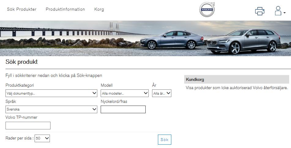 4 SÖK PRODUKTER På sidan Sök produkter går det att söka efter tillgängliga Volvo Cars informationsprodukter att köpa. Fig.