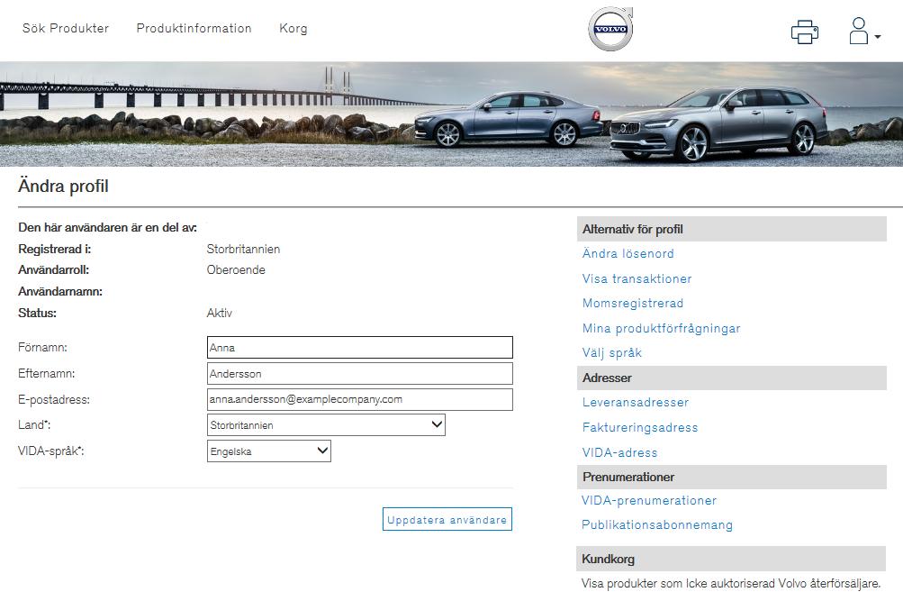 6 PROFIL För att gå till sidan Profil trycker du på ikonen i övre högra hörnet i övre fältet. Här kan du visa och redigera användarens namn, e-postadress o.s.v. Klicka på knappen Uppdatera användare sedan du ändrat.