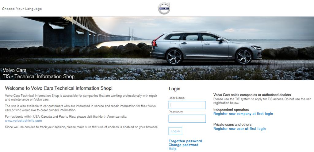 2 LOGGA IN TIS nås via inloggningssidan (http://tis.volvocars.biz/tis). Fig. 1 TIS inloggningssida När du loggats in visas sidan Sök produkter i TIS, se kapitel 4 Sök produkter på sidan 10. 2.