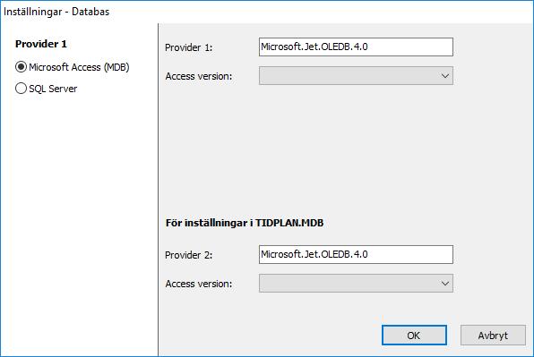 4. Klicka på Microsoft Access som provider 1 och välj Access version 2003. 5. Välj Access version 2003 även för provider 2 och klicka på OK. 6. Tillbaka i underhållsmenyn väljer du Stäng.