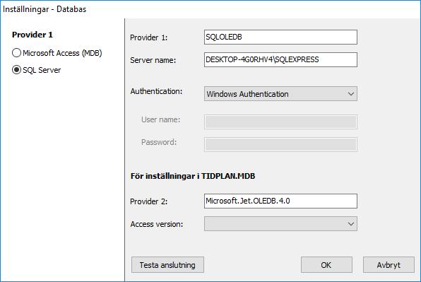 STEG 4 ANSLUTA MOT EN SQL DATABAS Välj Underhållsmenyn, fliken Databas och klicka på knappen databas. 10. Välj SQL Server som provider 1. Ange namn SQLOLEDB. 11. Ange servernamn.