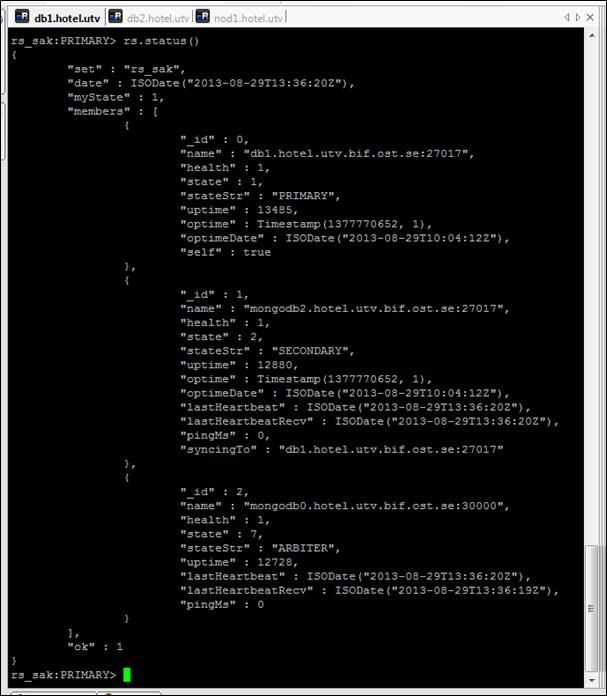 17. Nu ska rs.status() visa att replikering är konfigurerat med en PRIMARY, en SEOCONDARY och en ARBITER. Figur: Exempel på rs.status() 18. Skapa ett Admin-konto i MongoDB-klienten: > db = db.