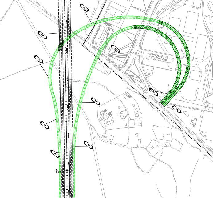 Figur 5.2 Trafikplats Frihamnen, ramper till Lindarängsvägens Norr med på- och avfarter mot Östlig Förbindelse söderut. Utsnitt från ritning 01-200T01A1 5.2.2 Anslutning till ytvägnätet i Frihamnsområdet Anslutning till gatunätet sker mot Lindarängsvägens norra sida för att undvika intrång i Nationalstadsparken på gatans södra sida.