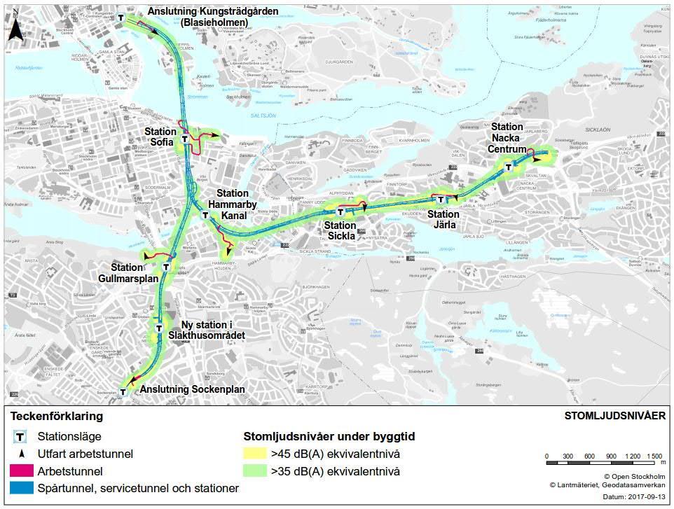 Figur 13. Karta med utbredning av riskområde för stomljud från spår- och arbetstunnlar vid tunneldrivning och från stationsuppgångar.