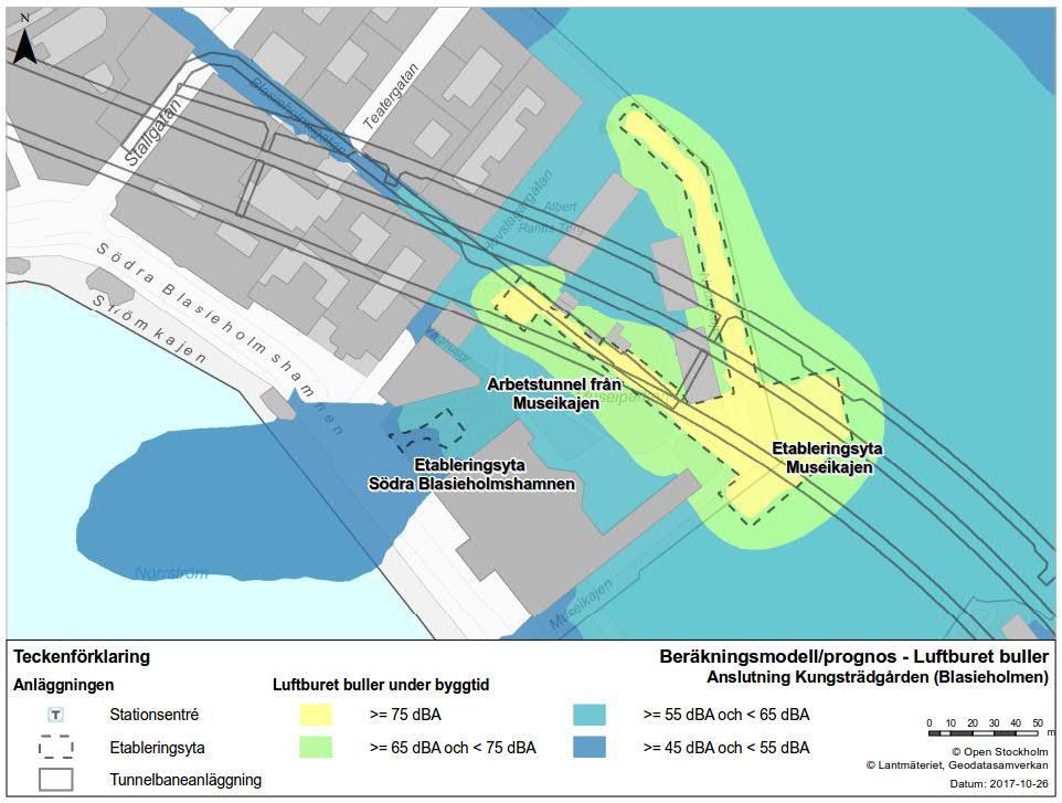 Figur 17. Luftburet buller från byggandet av anslutning Kungsträdgården (Blasieholmen). Beräkningarna är ekvivalenta nivåer, för dessa riktvärden, se tabell 2.
