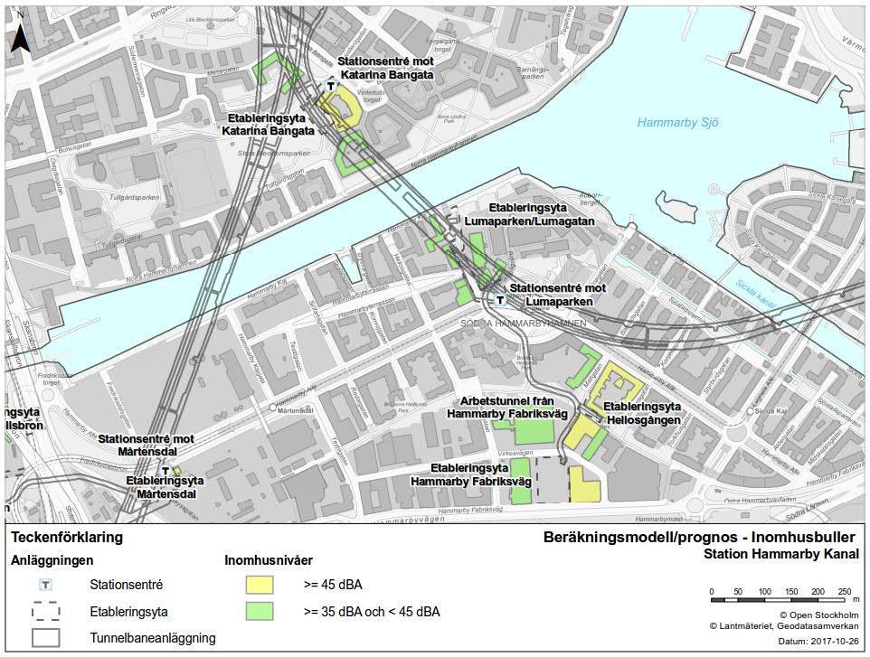 Figur 28. Inomhusbuller till följd av luftljud från byggandet av station Hammarby Kanal.