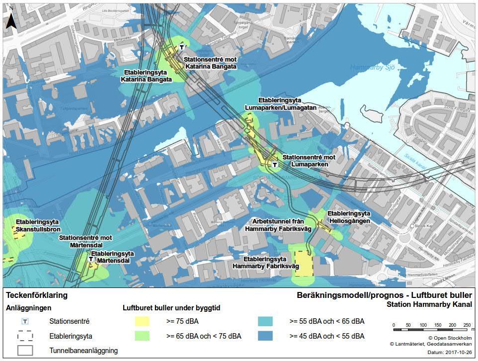 Figur 29. Luftburet buller från byggandet av station Hammarby Kanal. Det som visas i kartan längst ned till vänster tillhör station Gullmarsplan.