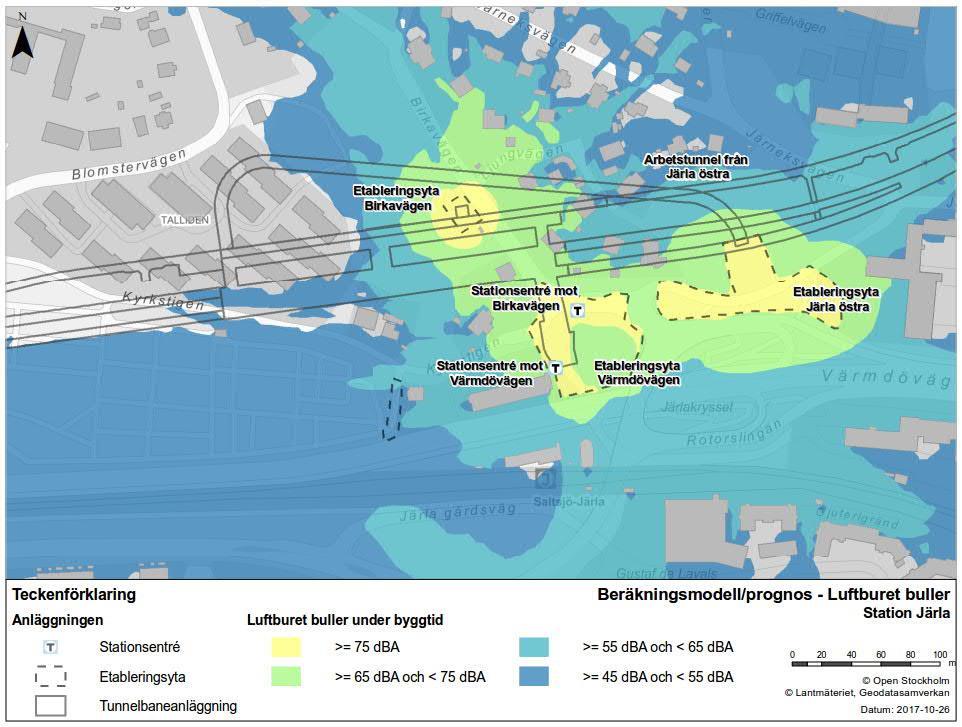 Figur 41. Luftburet buller från byggandet av station Järla. Beräkningarna är ekvivalenta nivåer, för dessa riktvärden, se tabell 2.