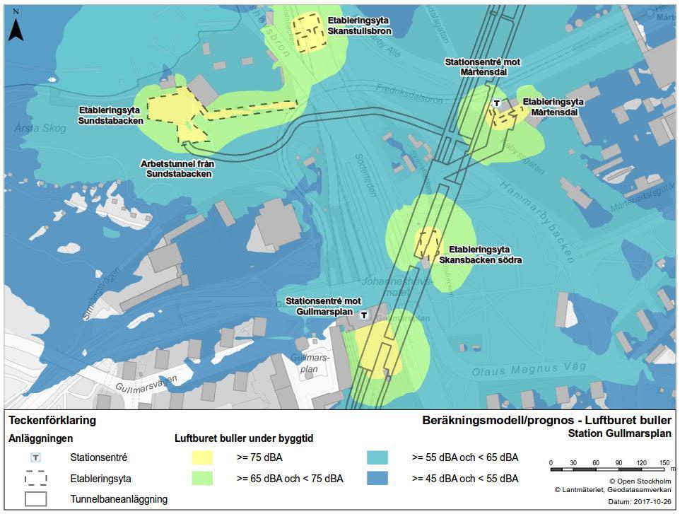 Figur 53. Luftburet buller från byggandet av station Gullmarsplan. Beräkningarna är ekvivalenta nivåer, för dessa riktvärden, se tabell 2.