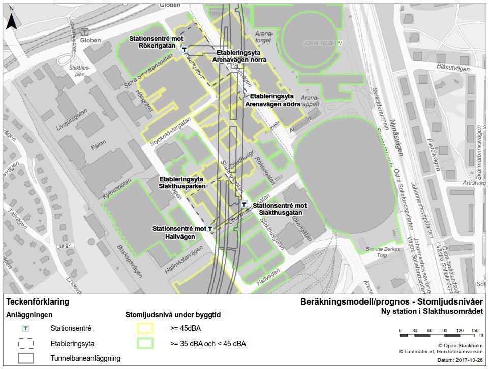 Figur 59. Stomljud från byggandet av ny station i Slakthusområdet. Beräkningarna är ekvivalenta nivåer, för dessa riktvärden, se tabell 2.