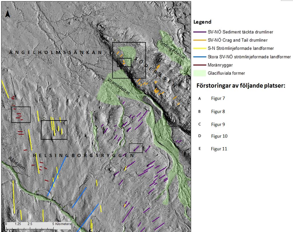 Fig. 6 Undersökningsområdet visat i ArcMap som skuggad höjdmodell med markeringar enligt legend. Skuggad höjdmodell skapad från GSD-Höjdkarta, grid 2+ Lantmäteriet (Lantmäteriet 2016).