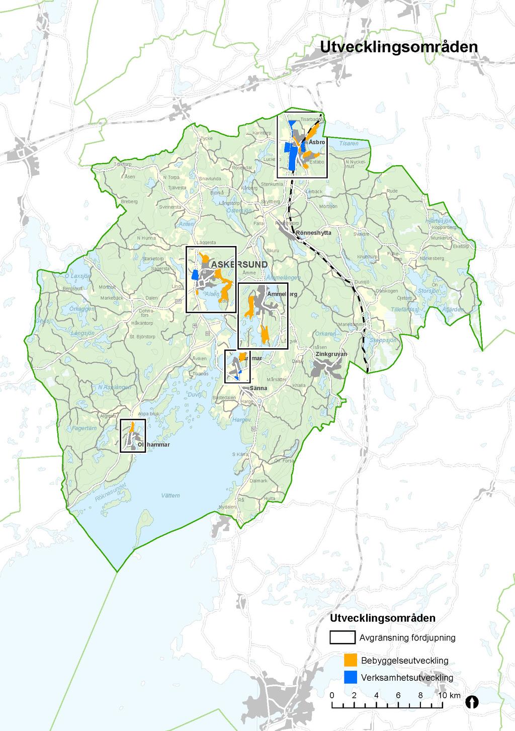 Kommunövergripande karta över utvecklingsområde.