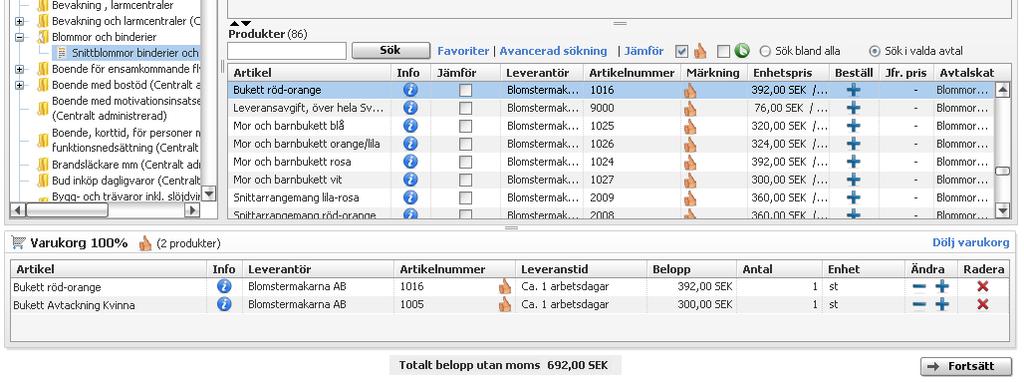 2.1.5.5 Varukorg Varukorgen visas under sökresultaten när första artikeln lagts till.